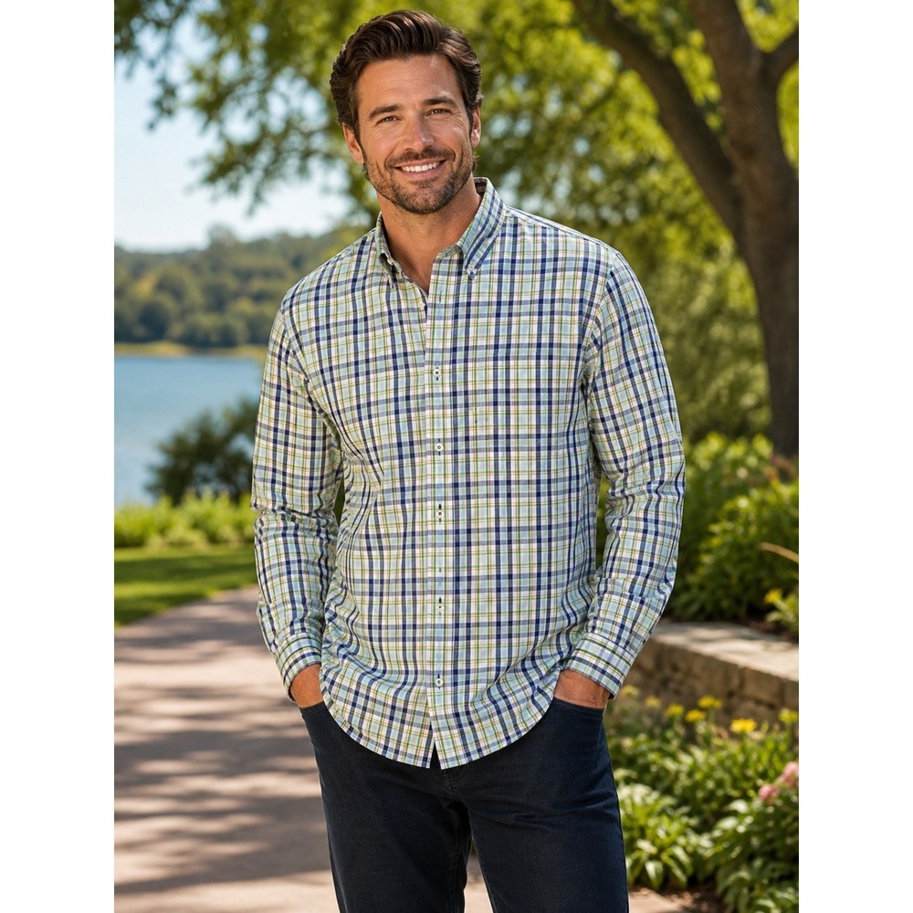 Peter Millar Large Long Sleeve Men's Shirt Blue Red Green Plaid -88